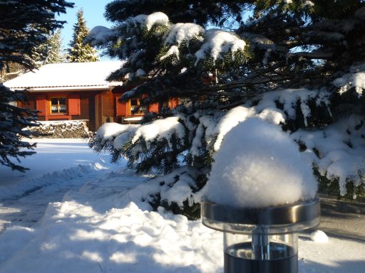 Schneebedeckte Bäume und ein gemütliches Haus im Winter.